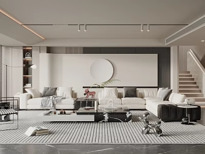 Modern Minimalist Living Room With Sofas And Round Decor 3d model