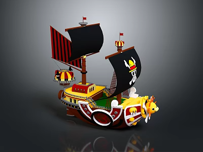 Colorful Lego Pirate Ship Model With Black Sails Skull Flags And Yellow Figurehead 3d model