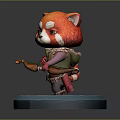 Red Panda Figurine Wearing Green Outfit Holding Instrument On Base With Green Grass Yellow Flowers