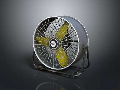 Electric Fan With Yellow Blades And Metal Mesh Cover On Base Stand 3d model