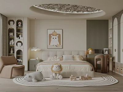 Bright Kids Bedroom With Soft Bed Plush Toys Round Rug And Wooden Bookshelf 3d model