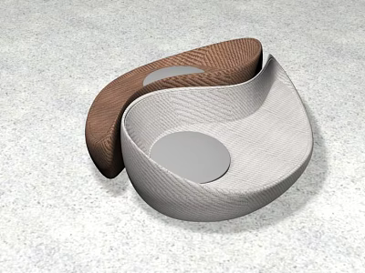 Modern Abstract Sofa With Unique Curved Design Brown And Light Gray Fabric Round Cushions 3d model