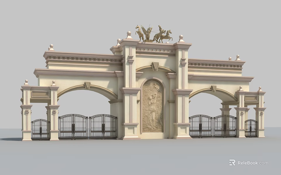 Classical Entrance Gate Design With Sculptures Arched Openings And Iron Railings 3d model 