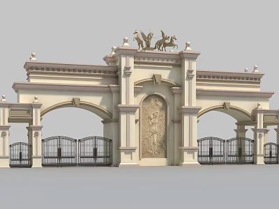 Classical Entrance Gate Design With Sculptures Arched Openings And Iron Railings 3d model