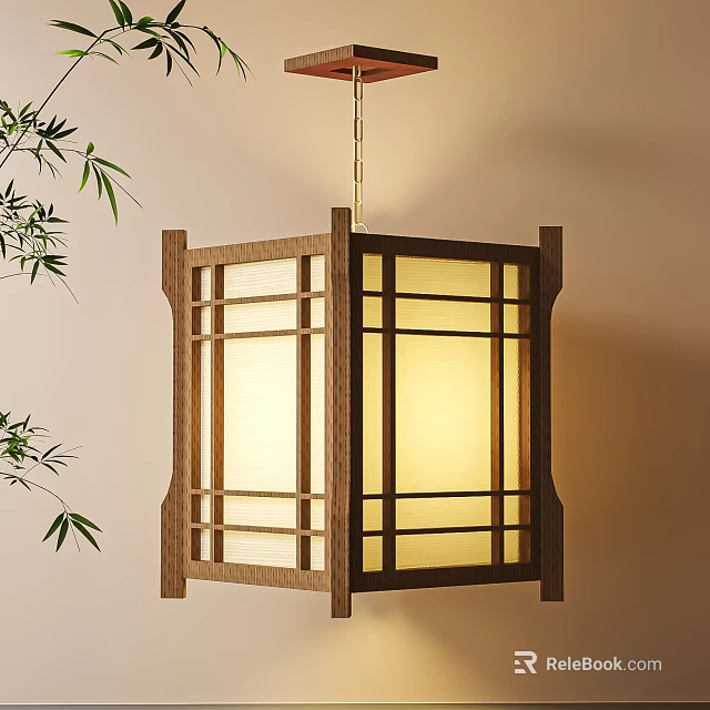 Traditional Wooden Hanging Lantern with Bamboo Branches and Warm Light Glow in Cozy Interior 3d model 