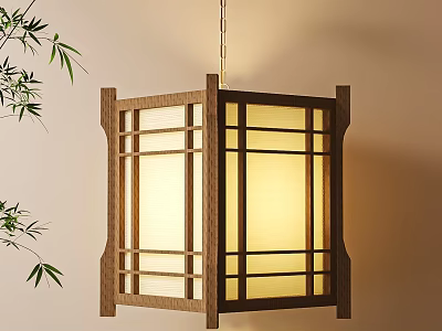 Traditional Wooden Hanging Lantern with Bamboo Branches and Warm Light Glow in Cozy Interior 3d model