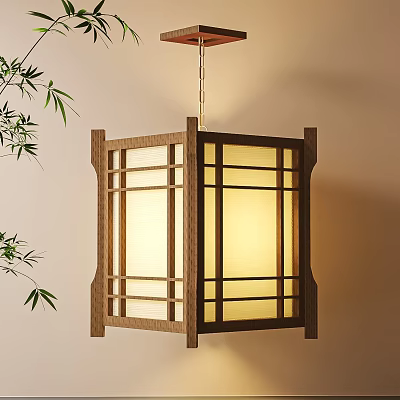 Traditional Wooden Hanging Lantern with Bamboo Branches and Warm Light Glow in Cozy Interior 3d model