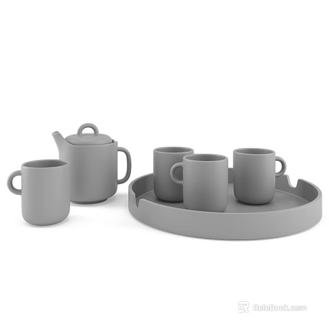 Minimalist Modern Tea Set with Teapot Mugs and Tray in Gray Design 3d model 