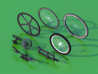 Collection Of Bicycle Wheels And Parts Displayed On Green Background 3d model