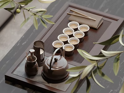 Elegant Dark Wooden Tea Set With Teapot Cups And Olive Branches On Tray 3d model