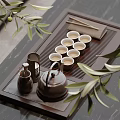 Elegant Dark Wooden Tea Set With Teapot Cups And Olive Branches On Tray
