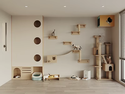 Cozy Wooden Cat Play Area With Steps Holes Tree Litter Box And Toys 3d model