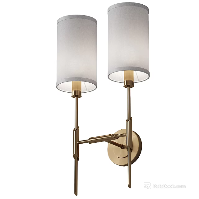 Modern Brass Wall Sconce with Two White Fabric Shades and Adjustable Metal Bracket Design 3d model 