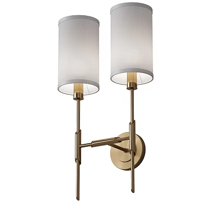 Modern Brass Wall Sconce with Two White Fabric Shades and Adjustable Metal Bracket Design 3d model