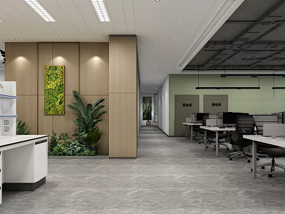 Modern Public Office Space With Open Layout Work Desks Office Chairs And Green Plants 3d model