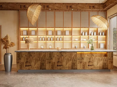 Wooden Reception Desk With Rattan Pendant Lights Wooden Lattice Display Shelves And White Vessels 3d model