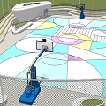 Outdoor Basketball Court Design With Colorful Floor Fencing Lighting And Seating Area