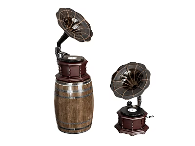 Vintage Gramophones With Large Wooden Barrel Base And Smaller Wooden Stand Design 3d model