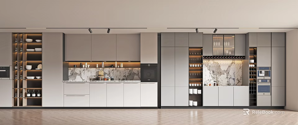 Modern Wine Cabinet in Contemporary Kitchen Interior With Glass Doors and Wine Racks 3d model 