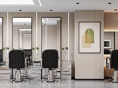 Modern Hair Salon Interior With Black Barber Chairs Large Mirrors And Decorative Artwork 3d model