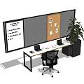 Modern Office Desk Setup With Ergonomic Chair Wall Mounted Whiteboard Corkboard And Potted Plant