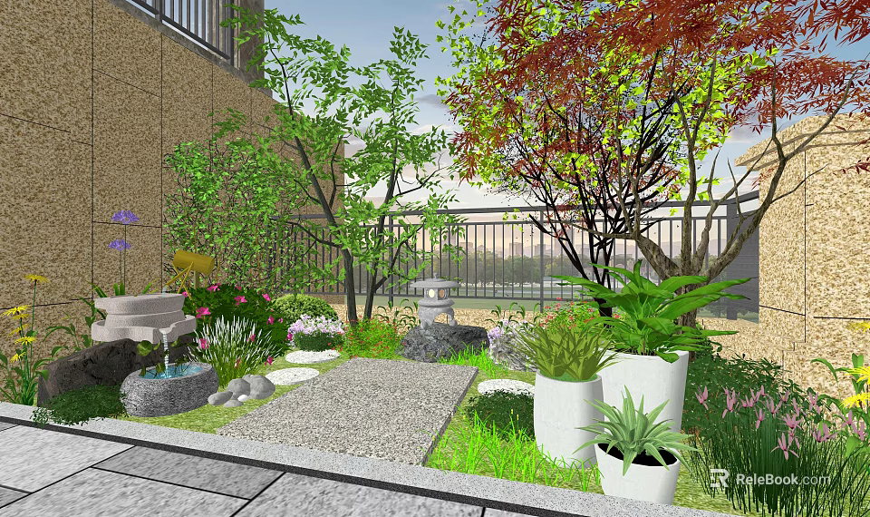 Courtyard Garden Landscape With Stone Path Red Maple Tree White Planters And Stone Lantern 3d model 