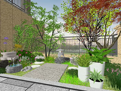 Courtyard Garden Landscape With Stone Path Red Maple Tree White Planters And Stone Lantern 3d model