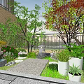 Courtyard Garden Landscape With Stone Path Red Maple Tree White Planters And Stone Lantern 3d model