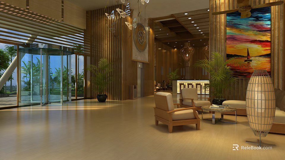 Hotel Lobby Interior With Wooden Decor Chandeliers Potted Plants Glass Doors And Comfortable Armchairs 3d model 