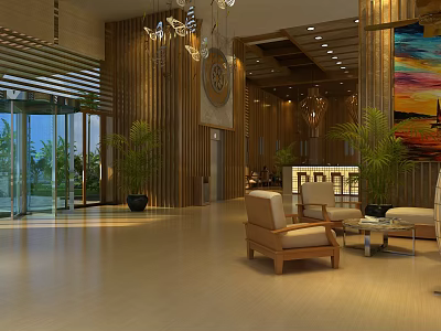 Hotel Lobby Interior With Wooden Decor Chandeliers Potted Plants Glass Doors And Comfortable Armchairs 3d model