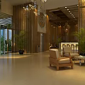 Hotel Lobby Interior With Wooden Decor Chandeliers Potted Plants Glass Doors And Comfortable Armchairs