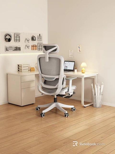 Gray Ergonomic Mesh Office Chair In Modern Home Office With Desk And Computer 3d model 