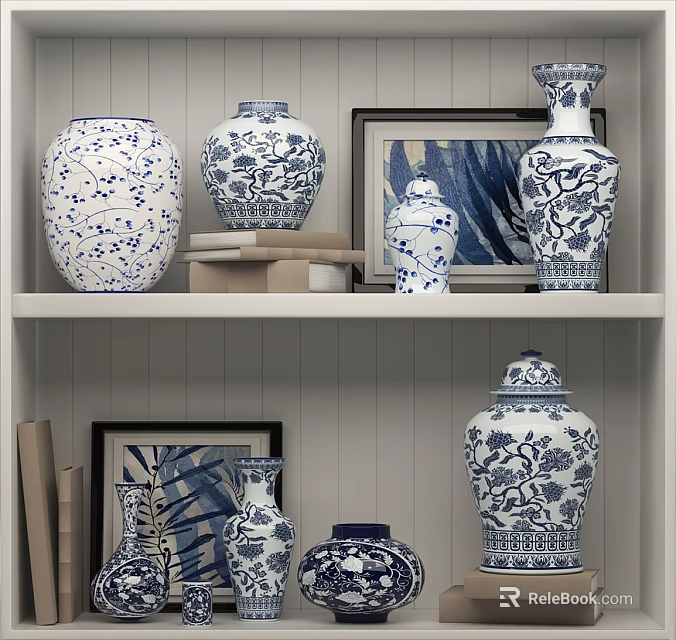 Blue and White Decorative Ceramic Wares With Traditional Patterns On Shelf 3d model 