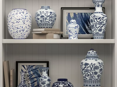 Blue and White Decorative Ceramic Wares With Traditional Patterns On Shelf 3d model