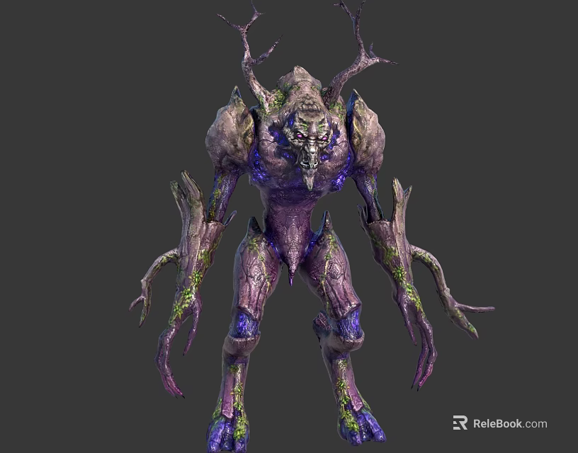 Mythical Fantasy Character Organic Creature with Tree Like Antlers Vine Covered Limbs Purple Gray Body 3d model 