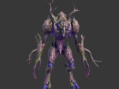Mythical Fantasy Character Organic Creature with Tree Like Antlers Vine Covered Limbs Purple Gray Body 3d model