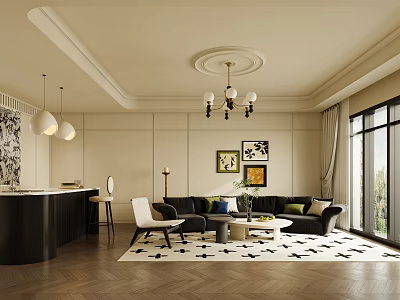 Modern Living and Dining Room Interior With Sofa Coffee Table And Chandelier Rug 3d model