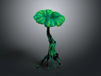 Unique Artistic Arbor With Green Umbrella Shaped Leaves Dark Trunk And Multiple Root Branches 3d model