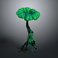 Unique Artistic Arbor With Green Umbrella Shaped Leaves Dark Trunk And Multiple Root Branches