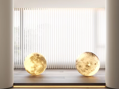 Two Moon Surface Texture Floor Lamps In Room With White Blinds And Wooden Floor 3d model