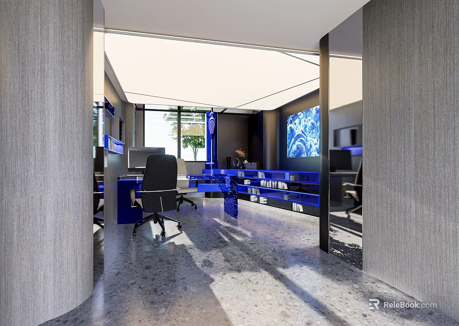 Modern Office Interior With Open Layout Desk Chair Natural Light And Blue Accents 3d model 