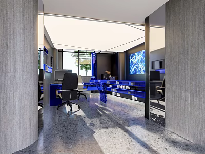 Modern Office Interior With Open Layout Desk Chair Natural Light And Blue Accents 3d model