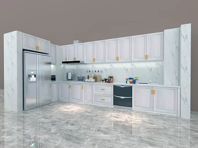 Modern Kitchen Interior With White Cabinets Gold Handles And Marble Countertops 3d model