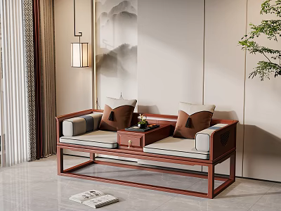 New Chinese Style Double Sofa With Wooden Frame Comfortable Cushions And Landscape Background 3d model