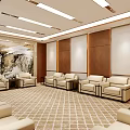 Hotel Public Lounge Area With Beige Sofas Symmetrical Layout Decorative Painting And Geometric Carpet