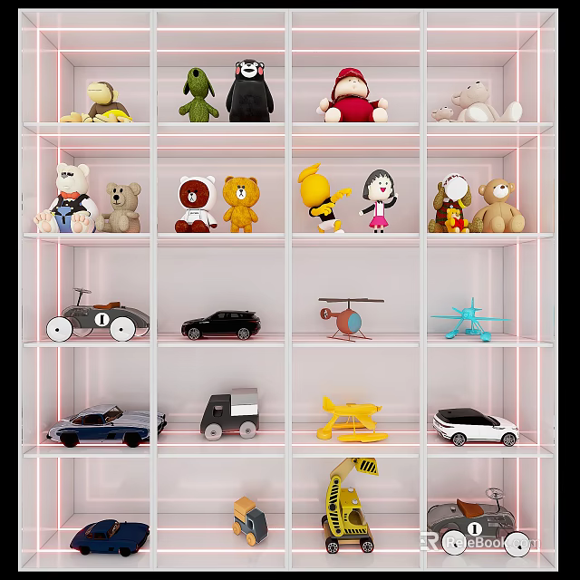 Plush Toys Displayed On White Shelf With Stuffed Animals And Various Toy Vehicles 3d model 