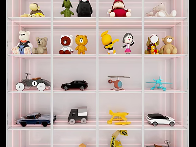 Plush Toys Displayed On White Shelf With Stuffed Animals And Various Toy Vehicles 3d model