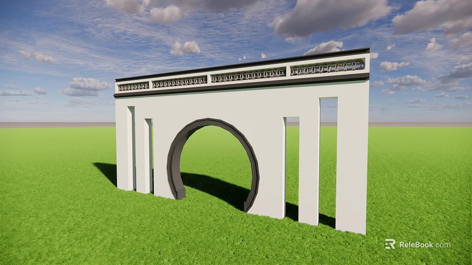 White Garden Wall Featuring Arched Doorway Decorative Top Green Grass Blue Sky Background 3d model 