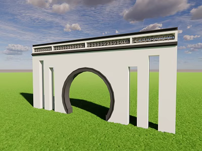 White Garden Wall Featuring Arched Doorway Decorative Top Green Grass Blue Sky Background 3d model