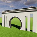 White Garden Wall Featuring Arched Doorway Decorative Top Green Grass Blue Sky Background